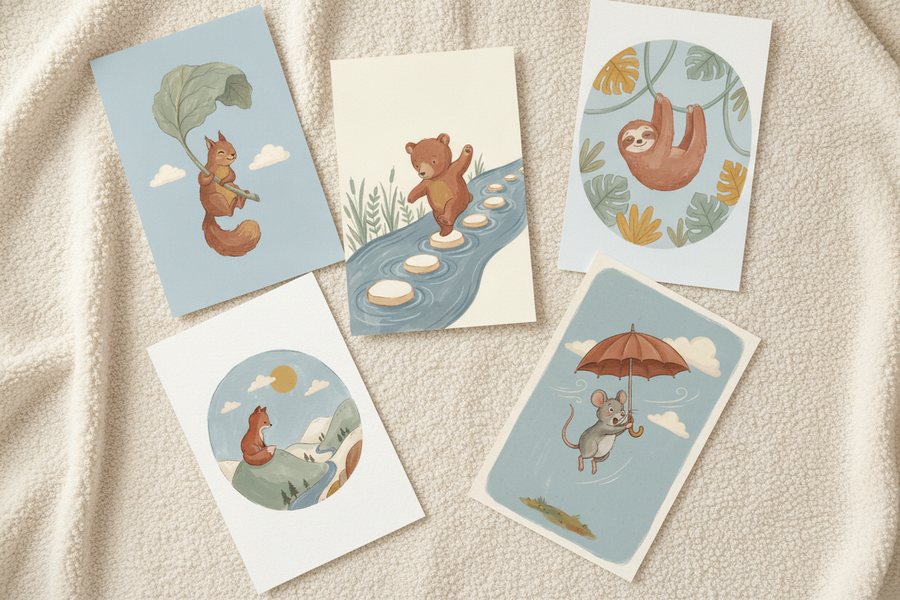 The five free adventure prints laid out unframed on a cream blanket