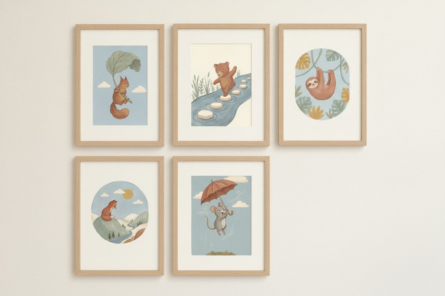The five free adventure prints framed in oak on a cream wall