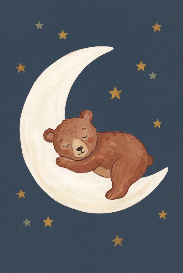 A bear cub asleep on a crescent moon against a navy sky scattered with gold stars