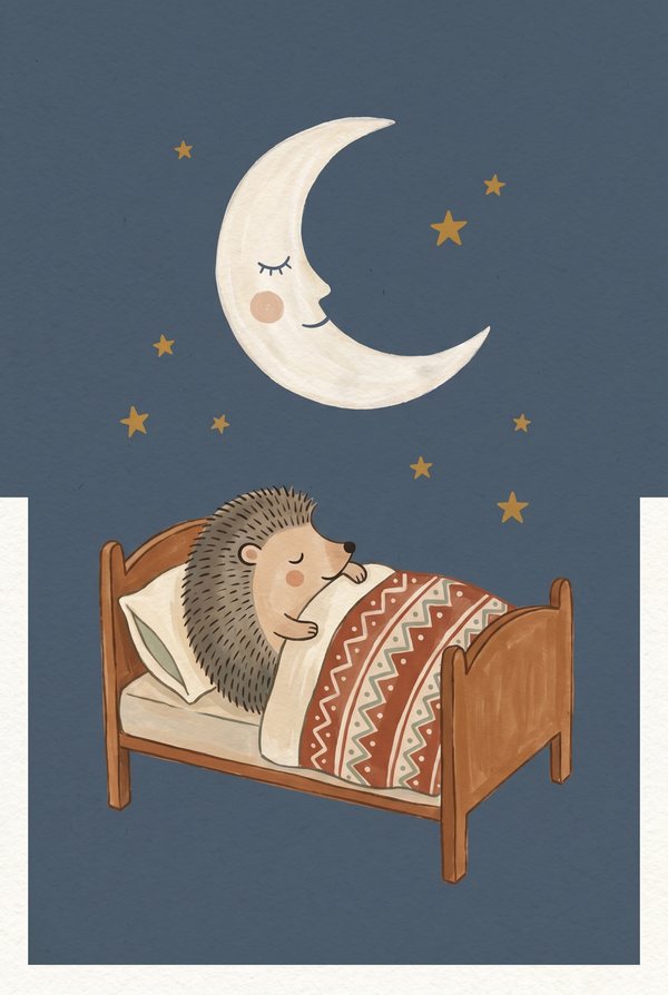 A hedgehog asleep in a wooden bed under a patterned quilt and a sleepy moon