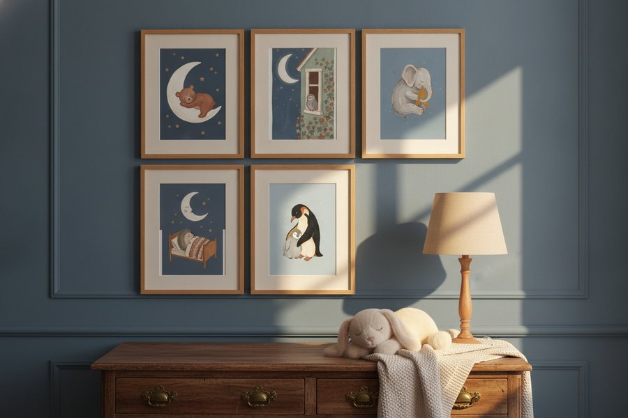 The five free bedtime prints framed on a deep blue panelled wall
