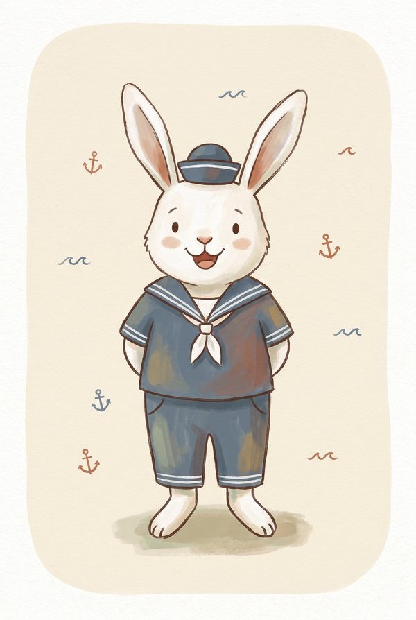 A white bunny in a navy sailor suit and cap on a cream background