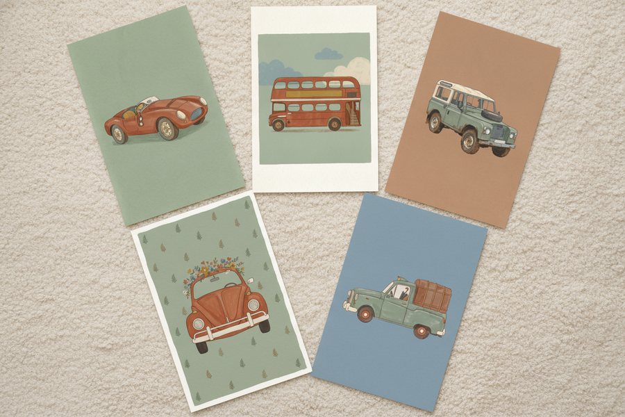 The five free car prints laid out unframed on a cream carpet