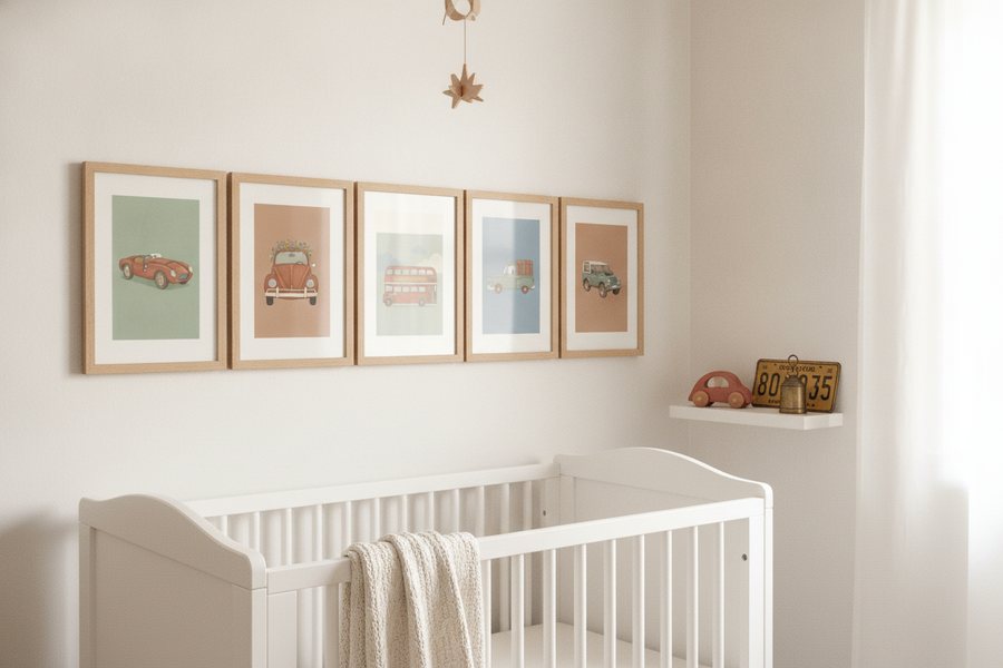 The five free car prints framed in a row above a white cot