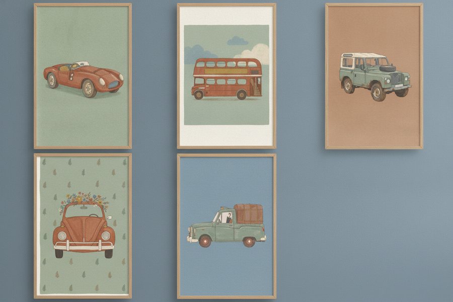 The five free car prints framed on a dusty blue wall