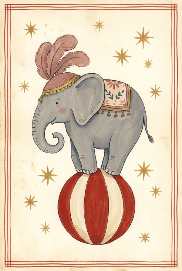 A grey elephant in a plumed headdress balancing on a red striped ball