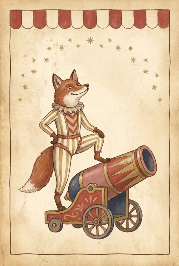 A fox in a performer's costume standing beside a red circus cannon