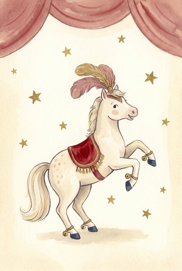 A white pony rearing in a red saddle cloth and feathered headdress