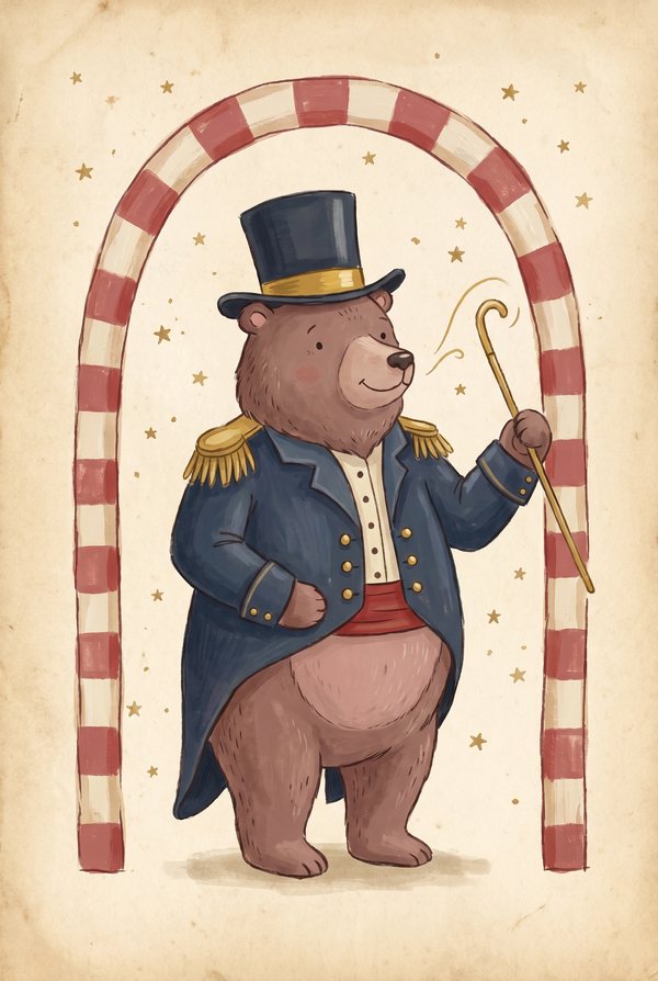 A bear in a navy tailcoat and top hat standing under a striped arch