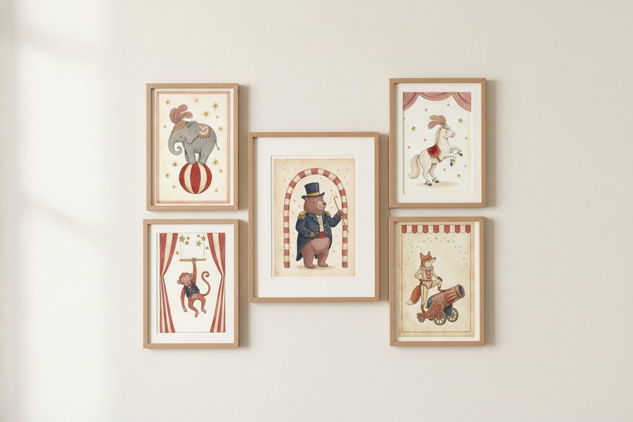 The five free circus prints framed as an asymmetric gallery wall