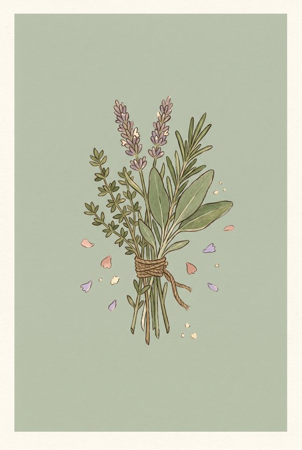 A tied bundle of lavender, rosemary and sage sprigs on a soft green background