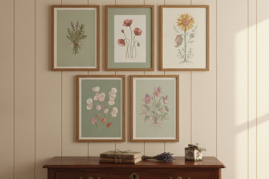 The five free botanical prints framed in oak on a panelled cream wall