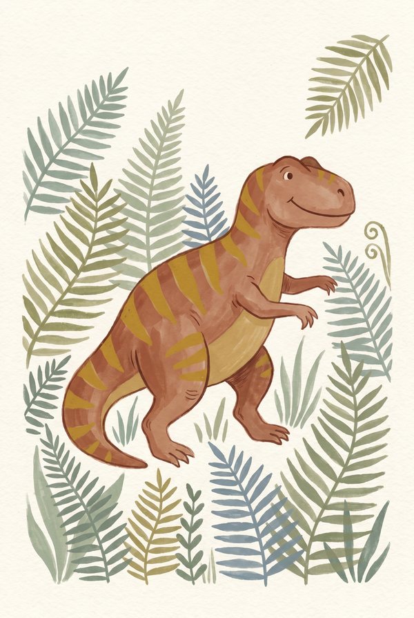 A rust-striped allosaurus standing among tall ferns on a cream background