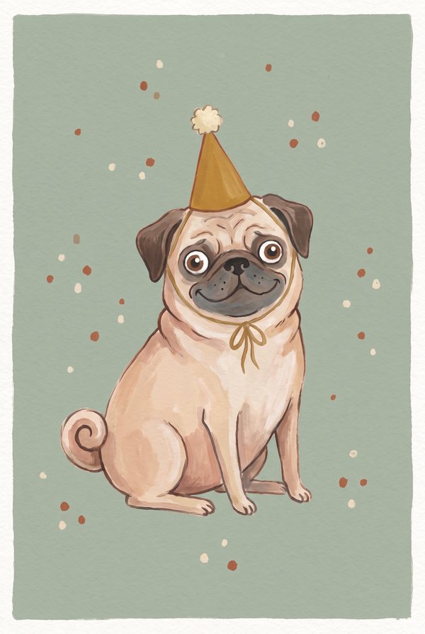 A pug wearing a gold party hat among falling confetti on sage green