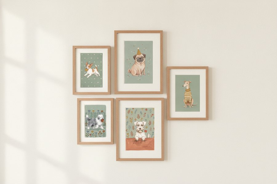 The five free dog portrait prints framed as an asymmetric gallery wall