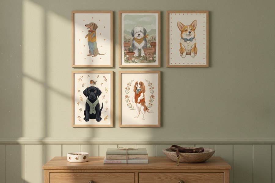 The five free dog prints framed on a sage green panelled wall