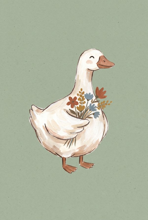A white goose holding a small posy of wildflowers on a sage background