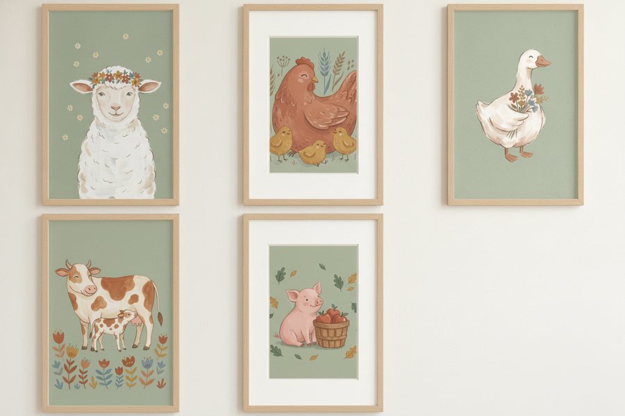 The five free farm prints framed in oak on a white wall