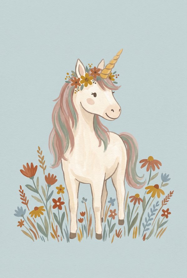 A white unicorn with a flower crown standing in a meadow on pale blue
