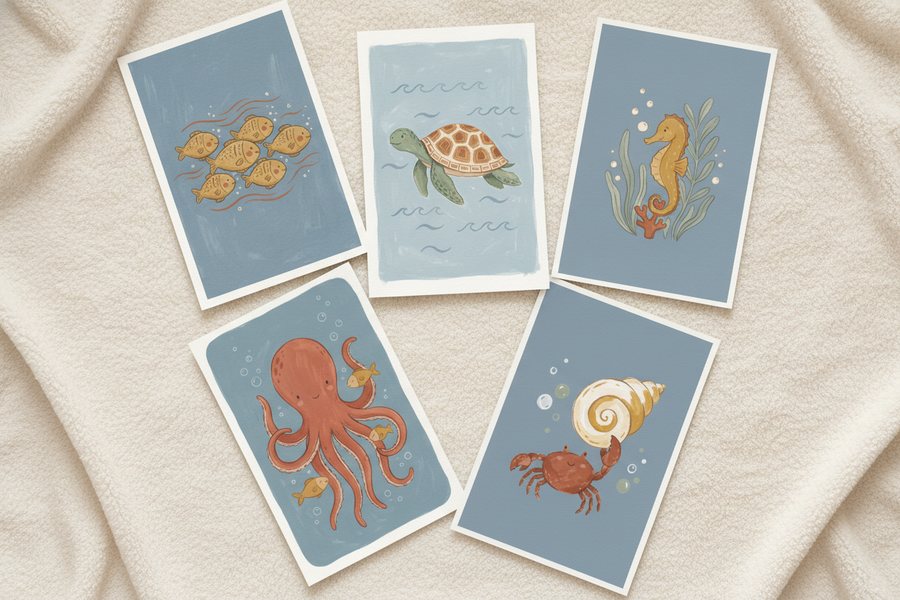 The five free ocean prints laid out unframed on a cream blanket