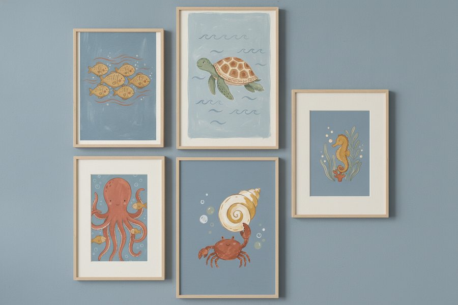 The five free ocean prints framed on a dusty blue wall