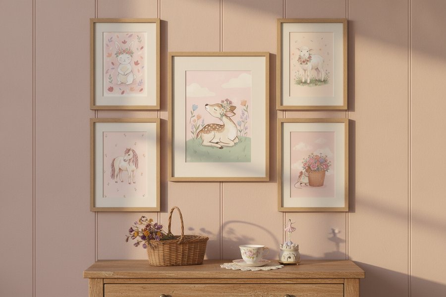 The five free pink pastel prints framed on a blush panelled wall