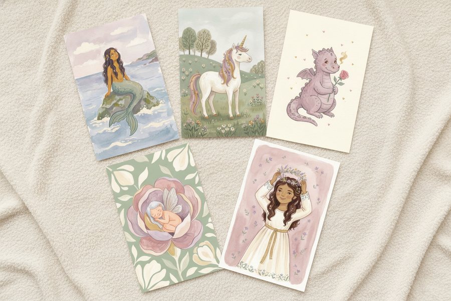 The five free princess prints laid out unframed on a cream blanket