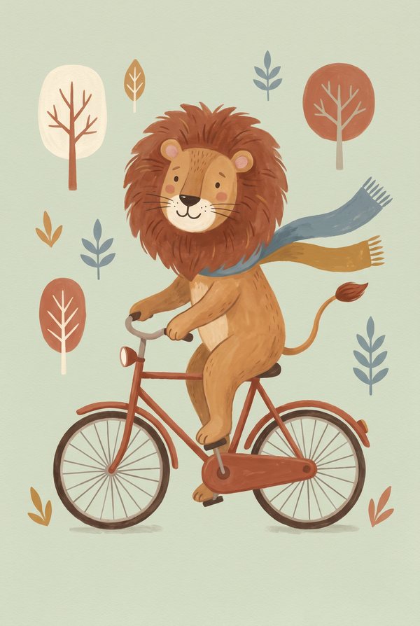 A lion in a blue scarf riding a red bicycle past stylised trees on a sage background