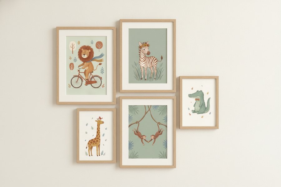 The five free safari prints framed as an asymmetric gallery wall