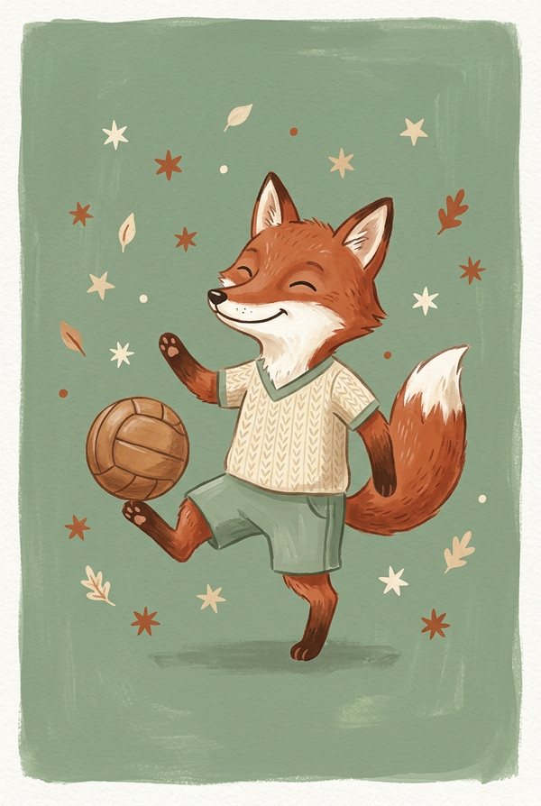 A fox in a cream shirt kicking a football on a sage green background