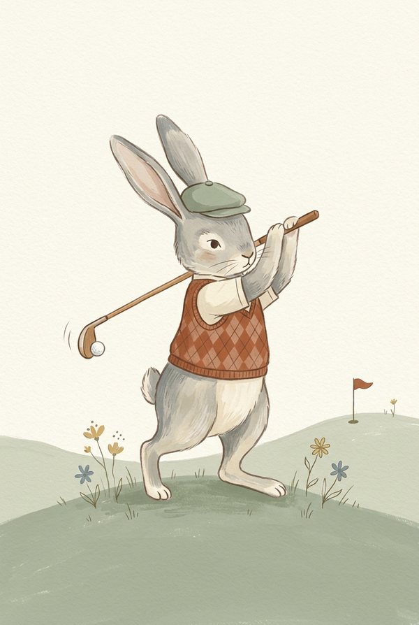 A rabbit in a knitted tank top swinging a golf club on a putting green