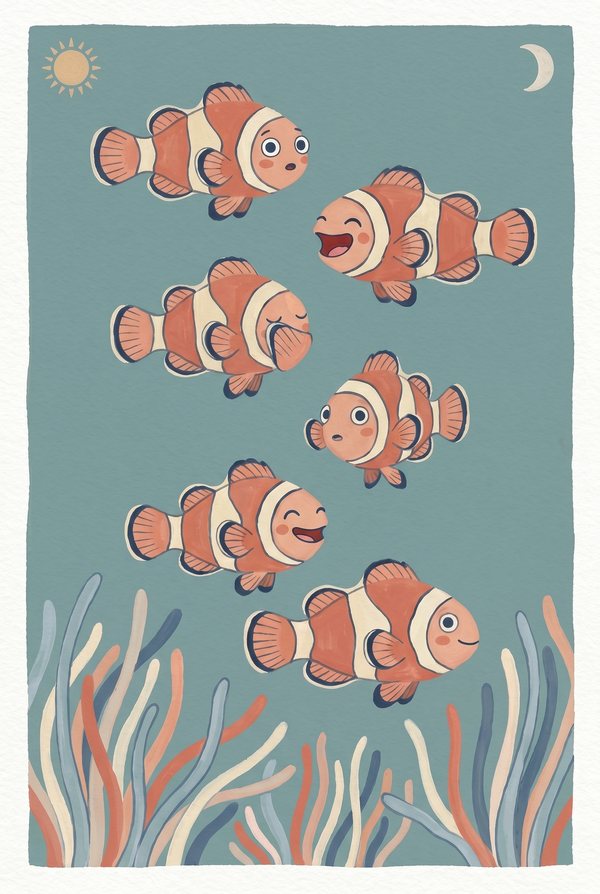 A shoal of orange clownfish swimming above coral on a teal background