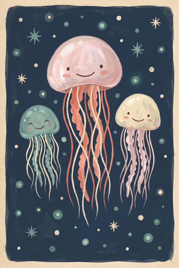 Three smiling jellyfish drifting through a navy sea scattered with stars