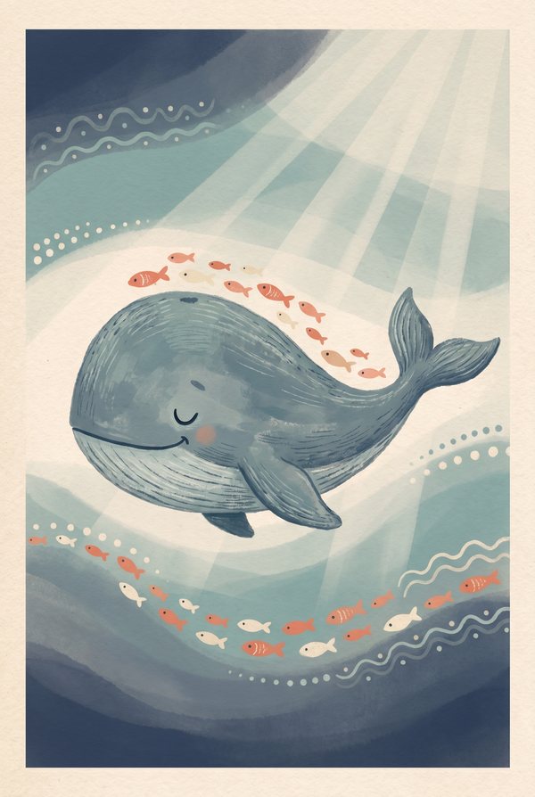 A whale asleep in deep blue water with sunbeams and a trail of little fish