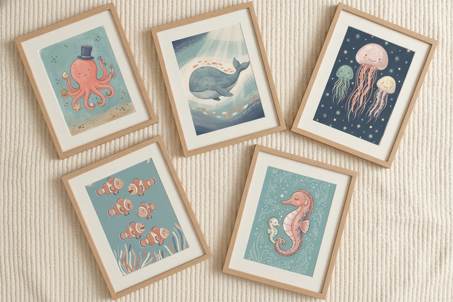 The five free sea life prints framed and laid out on a cream carpet