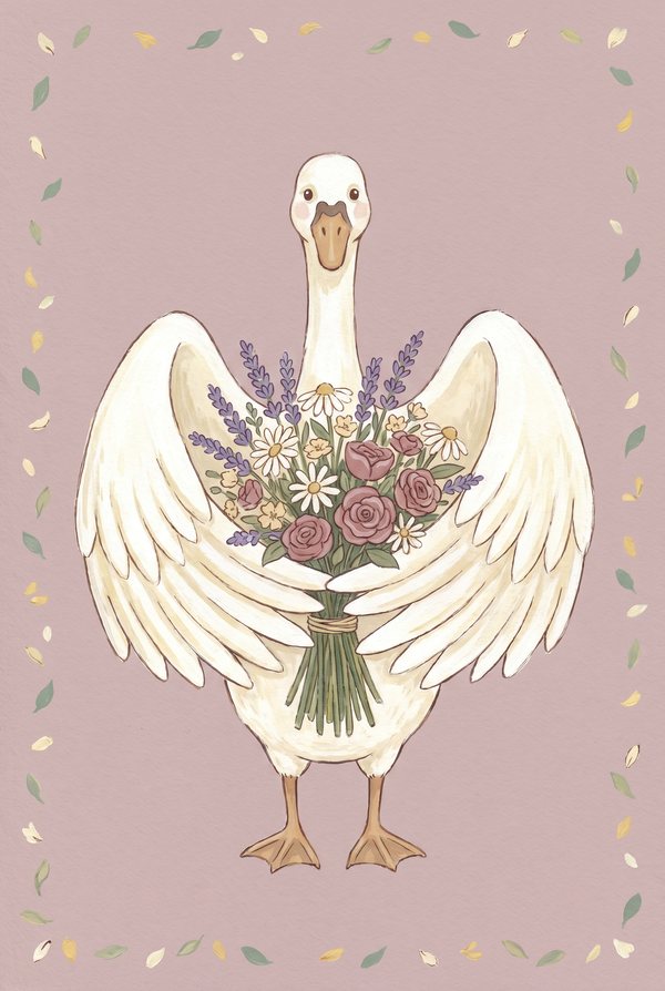 A white swan holding a bouquet of lavender and roses on dusty mauve
