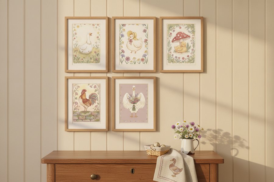 The five free silly goose prints framed on a cream panelled wall
