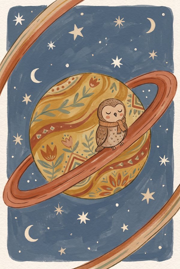 An owl perched on a patterned ringed planet among stars and crescent moons