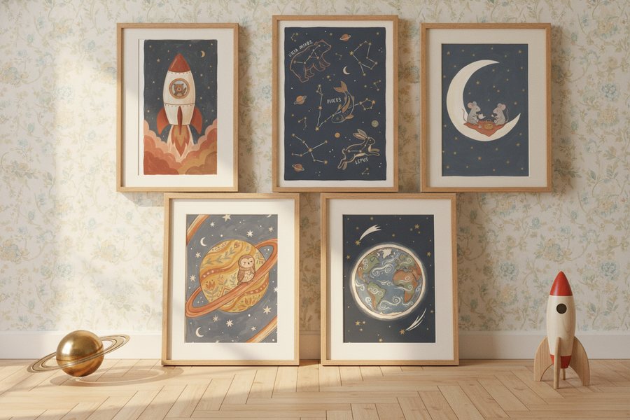 The five free space prints in frames leaning against a papered wall