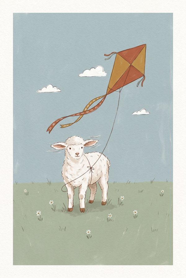A white lamb flying an orange kite in a green field under a blue sky