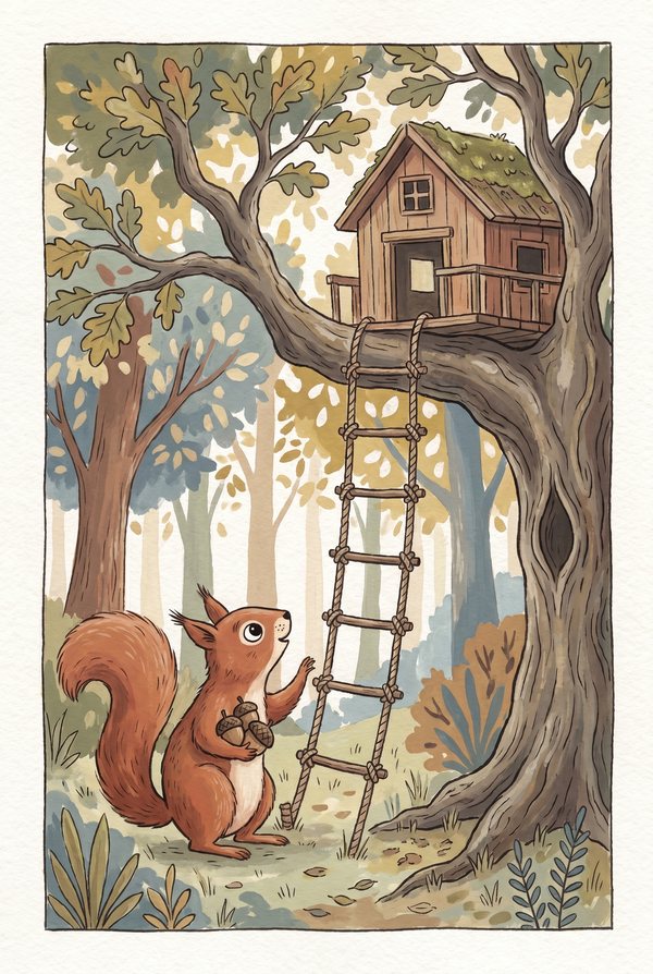 A red squirrel at the foot of a ladder leading up to a wooden treehouse