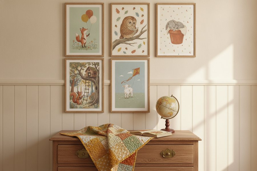 The five free storybook prints framed above panelling in a cream room