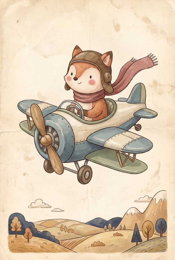 A fox in a leather cap and scarf flying a biplane over rolling hills