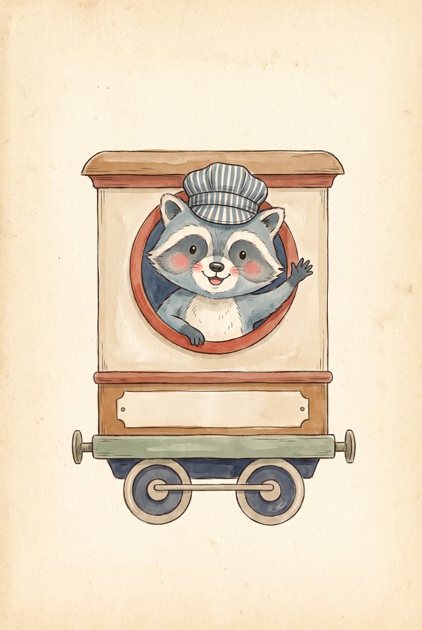 A raccoon in a striped cap waving from the window of a green train carriage