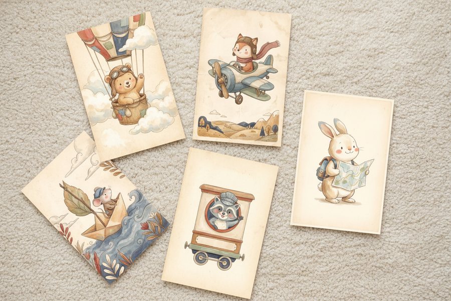 The five free travel prints laid out unframed on a cream carpet