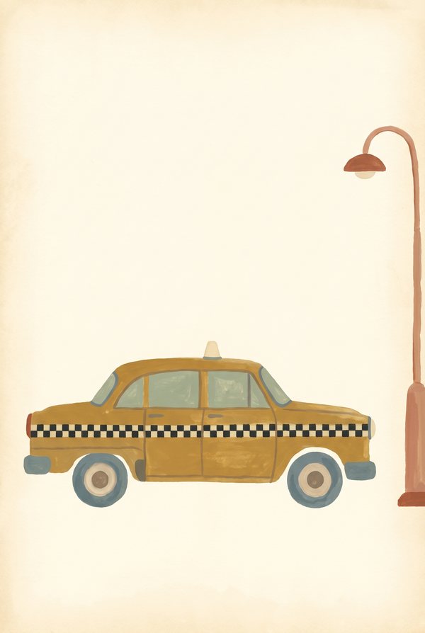 A yellow checker taxi parked beside a rust-red street lamp