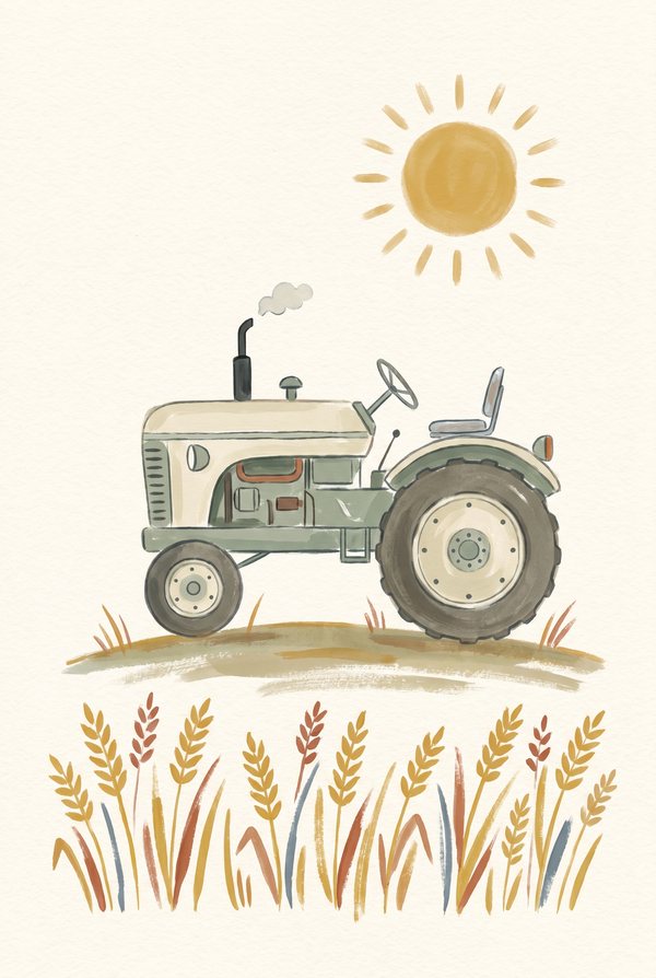 A sage green tractor in a field of wheat under a painted gold sun