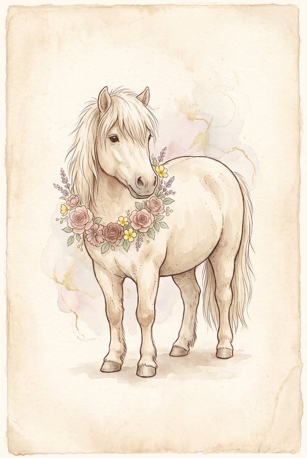 A cream pony wearing a garland of roses around its neck