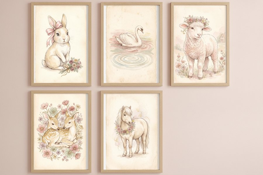 The five free vintage prints framed on a blush pink wall