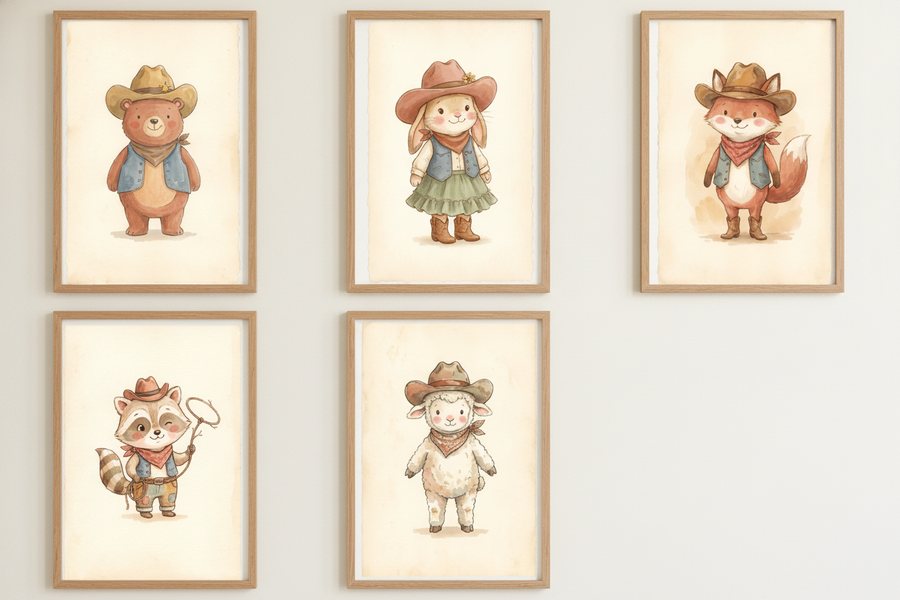 The five free western prints framed in a loose grid on a cream wall